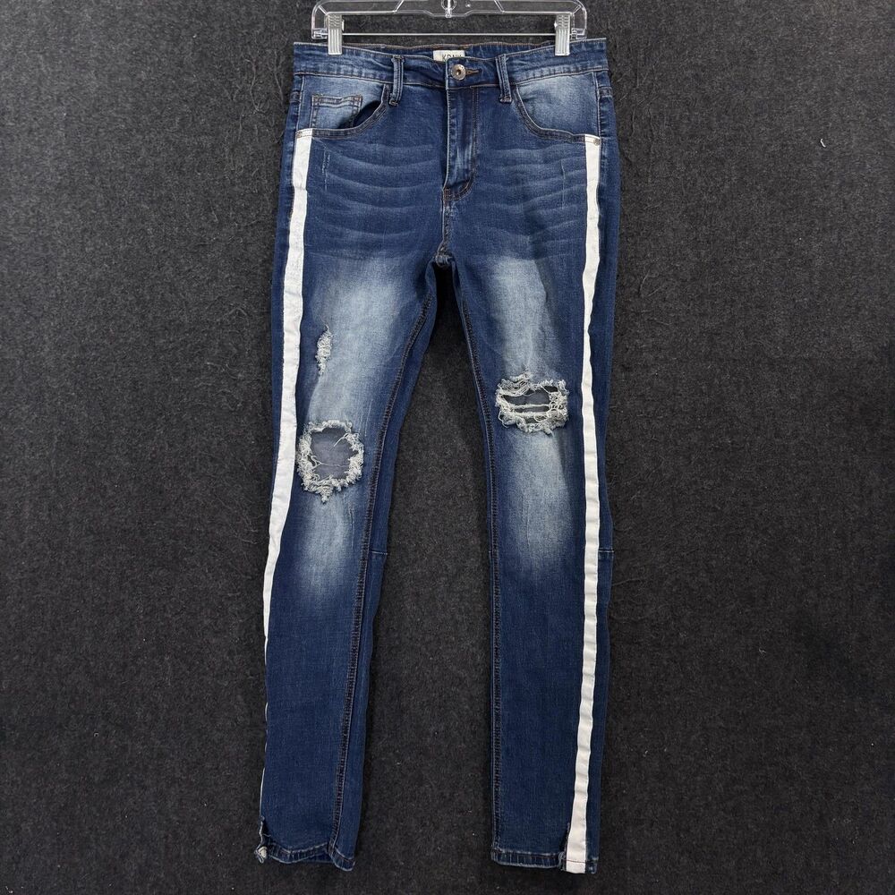 KDNK Jeans Men's 32x32 Blue Distressed Side Stripe Skinny Slim Denim Pants